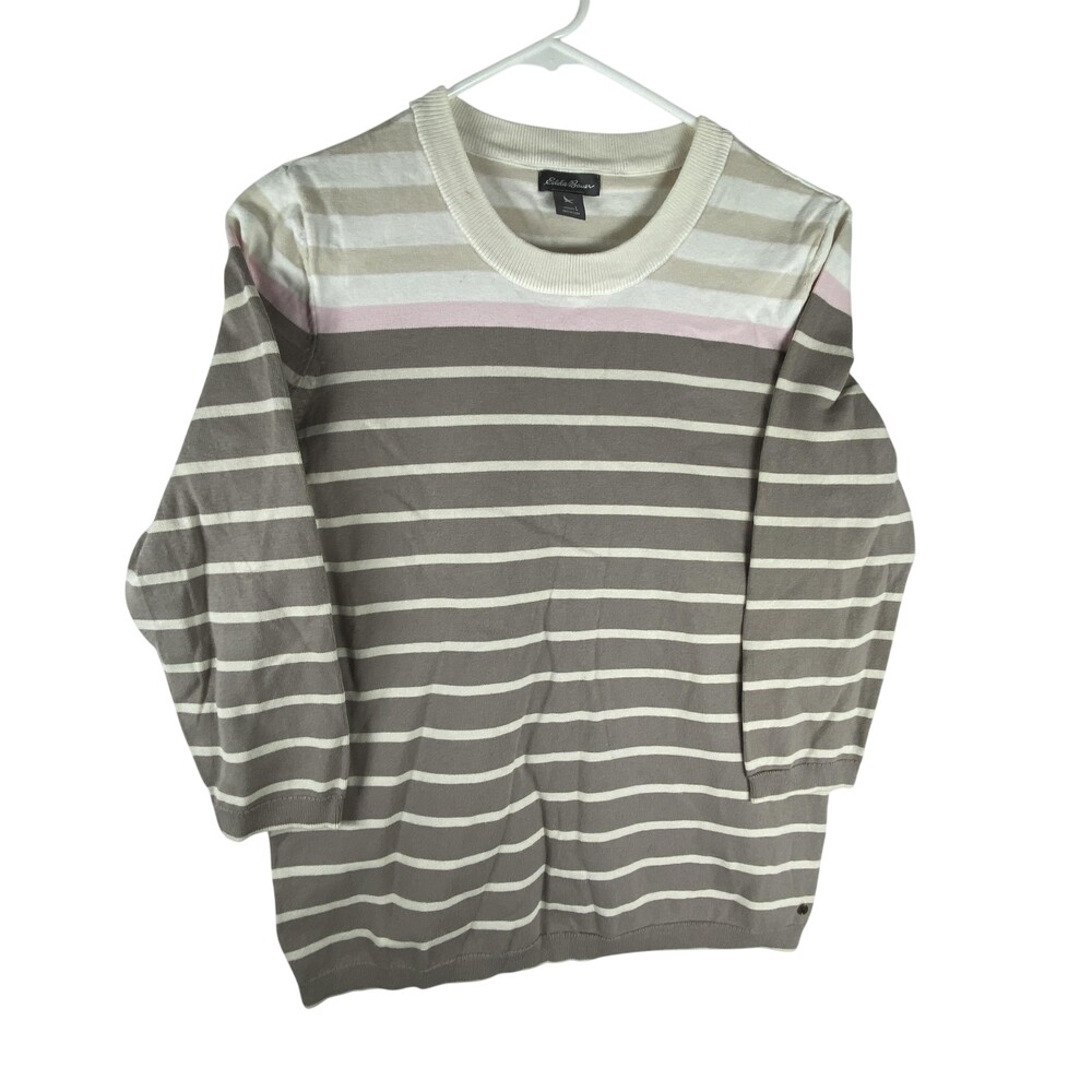 Eddie Bauer Sweater Womens Large Brown Stripe Crewneck Cotton Nylon Pullover